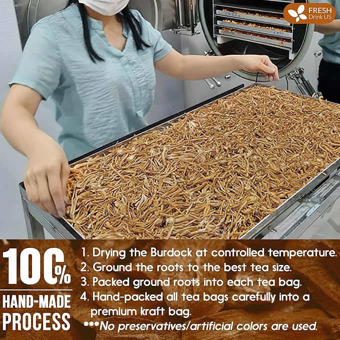 FreshDrinkUS, Premium 75 Burdock Root Tea Bags, 100% Natural & Pure, Herbal Tea. Made with Natural Material Tea Bags. No Sugar, No Caffeine, No Gluten, Vegan.