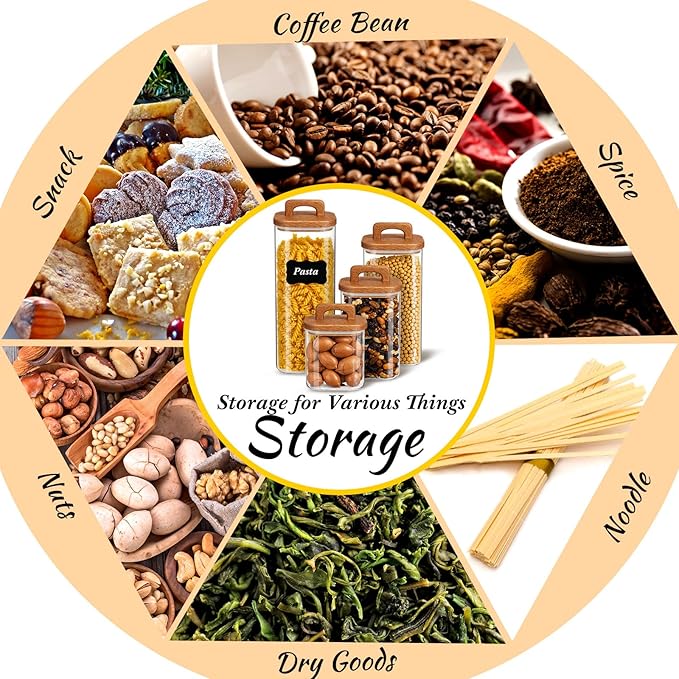 Layhit 4 Pcs Glass Food Storage Jars with Airtight Wood Lid Storage Jars Containers with Stickers Marker for Candy, Cookie, Rice, Sugar, Flour, Pasta, Nuts, 4 Size (Square)