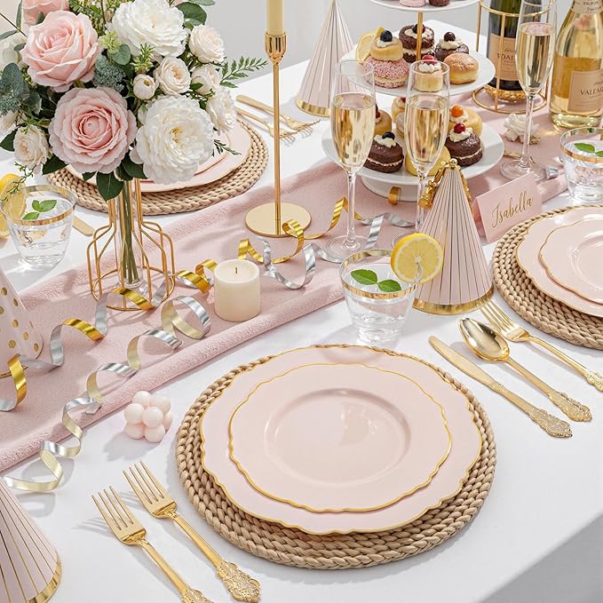 WDF 100pcs Pink Plastic Plates - High-end Baroque Design - Pink and Gold Plates - Including 50 Disposable Plate 10.25inch, 50Salad Plate 7.5inch for Wedding/Baby Shower/Spring/Birthday