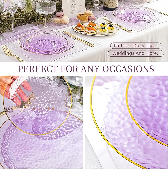 Lullaby 100pcs Purple Plastic Plates with Gold Rim, Include 50pcs Dinner Plate 10'' and 50pcs Heavy Duty Dessert Plate 7'', Plastic Disposable Plates for Parties, Birthdays and Wedding