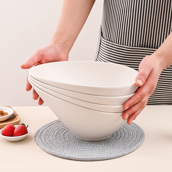 LOVYANXUE Salad Bowls, 4 Packs Serving Bowl, Compostable 33 Ounce Pasta Bowls, Elegant White Angled Bowl for Salad, Pasta, Soup, Prep, Ideal for Home and Restaurant