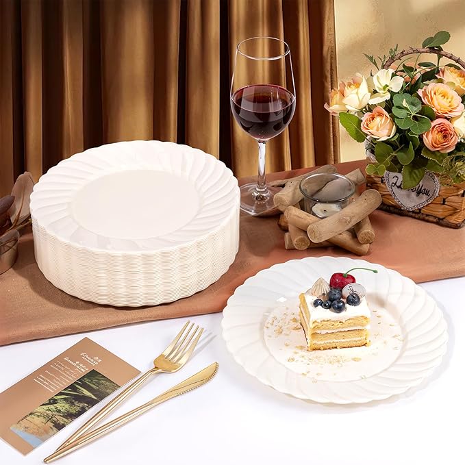 U-QE 100 Count 9 Inch Ivory Plastic Plates for Party - Scalloped Disposable Dinner Plates - Premium Hard Fancy Disposable Heavy Duty Party Supplies for Birthdays, Celebrations, Weddings and Events