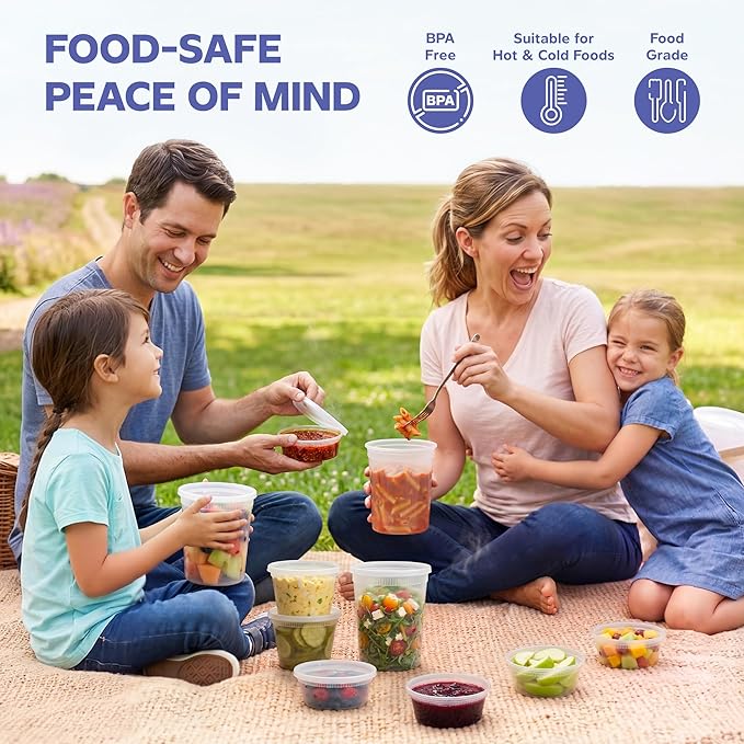 GUSTO [48 Sets - 8 oz. Plastic Deli Disposable Food Storage Containers with Airtight Lids - Slime Containers (Formerly Comfy Package)