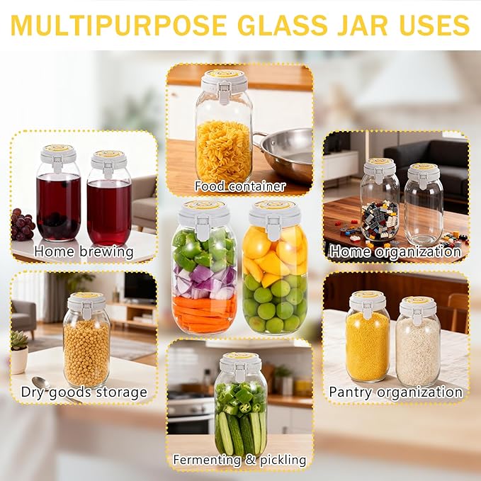 2 Pack Fermentation Jar with Automatic Venting & Date Marker - 2L Airtight Glass Storage Jar for Pickles, Kimchi, Jams, Dry Goods, Leak-Proof Food Container (0.53 US Gal / 67.6 US fl oz)