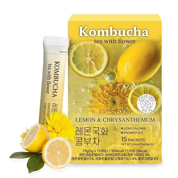 KKOKDAM Kombucha Tea - Lemon & Chrysanthemum Korean Tea - Kombucha Drinks Probiotic Support, Low Calorie, Sugar Free Drink Pack - 15 Kombucha Drink Packs