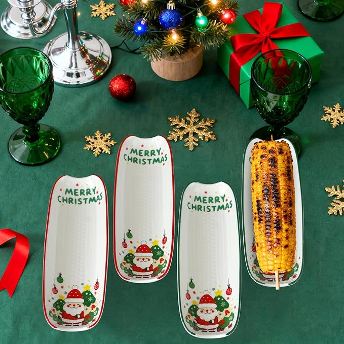 Cinf Ceramic Corn Cob Holders 8.8" Corn Dishes Set of 4, Xmas Dishes Non-slip Bottom Christmas Gifts Microwave Dishwasher Oven Safe (Xmas)