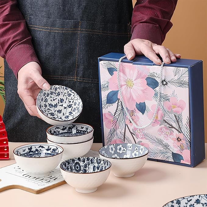 Ceramic Plates and Bowls Set, Japanese Style Dinnerware Set with Gift Box - Blue and White - 4 Rice Bowls and 2 Pasta Bowls - Kitchen Gifts for Women (Blue and White)