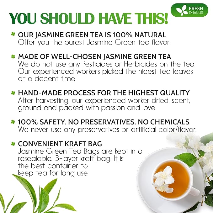 FreshDrinkUS, Premium 135 Jasmine Green Tea Bags, 100% Natural & Pure from Jasmine Green Herbal Tea. Made with Natural Material Tea Bags. No Sugar, No Caffeine, No Gluten, Vegan.