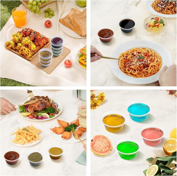 Dealusy 360 Set 3.25 oz Jello Shot Cups with Lids, Sturdy & Food Safe Disposable Plastic Portion Condiment Dipping Sauce Cups, Small Containers for Salad Dressing