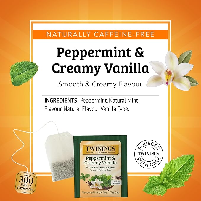 Twinings Peppermint & Creamy Vanilla Herbal Tea Individually Wrapped Bags, 20 Count (Pack of 1), Formerly Buttermint, Naturally Caffeine-Free, Enjoy Hot or Iced, 20 Teabags