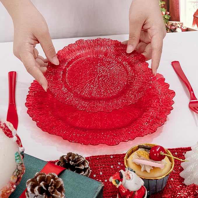 U-QE 60PCS Clear and Red Plastic Plates - Reef Plastic Plates Disposable&Reusable - Clear Red Plates Including 30 Plastic Dinner Plates 10" & 30 Plastic Dessert Plates 7" Perfect for Party & Wedding