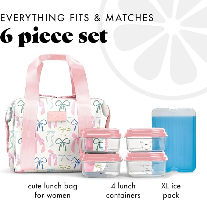 Fit & Fresh Remi Lunch Bag for Women Work – Neoprene Lunch Tote with Containers & Ice Pack, Reusable Meal Prep Lunch Box, Large Capacity, Machine Washable, Dainty Bows
