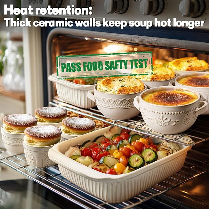 Artena French Onion Soup Bowls with Handles and lids & Spoons, 20 Oz Ceramic Soup Crocks Oven Safe Serving Bowls for Chili, Beef Stew, Cereal, Pot Pies, Embossment, Set of 4, White (Pinwheel Flower)