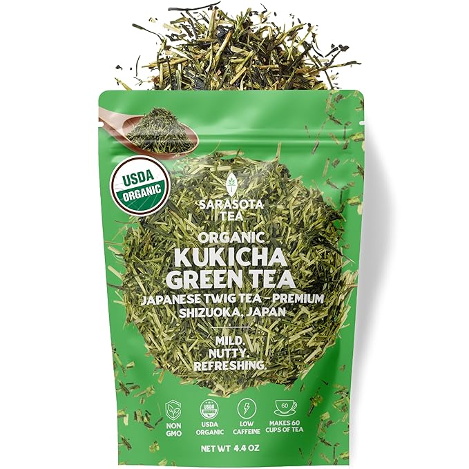 Kukicha Green Tea Loose Leaf | Japanese Twig & Leaf Green Tea | Low Caffeine | Smooth & Nutty Flavor | 4.4 oz Bulk Bag | Antioxidant Rich | Hot or Iced | Non-GMO