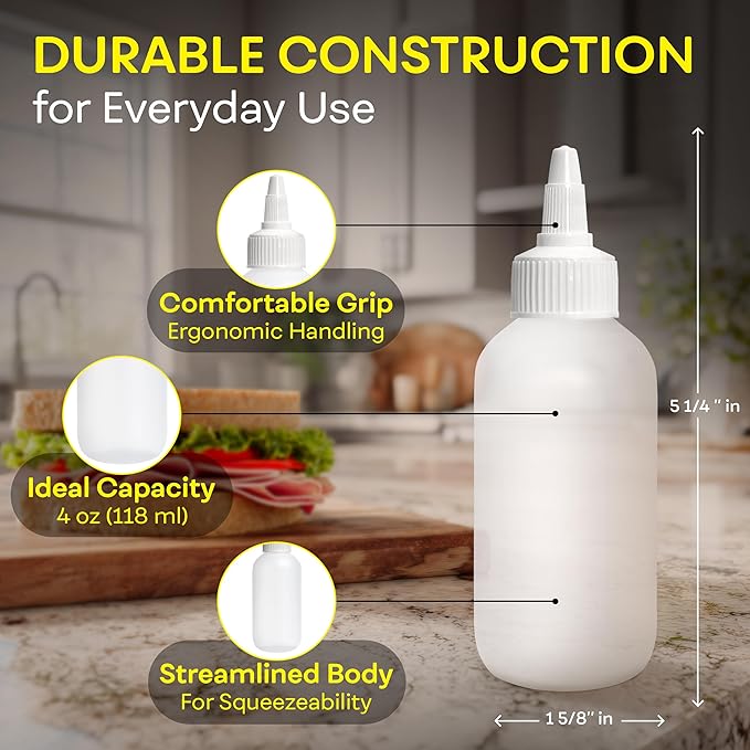 BRIGHTFROM Condiment Squeeze Bottles - 4 OZ Squirt Empty Bottles, Twist Top Cap, Leak Proof - Great for Ketchup, Mustard, Syrup, Sauces, Dressing, Oil, Arts and Crafts, BPA-FREE Plastic - 3 PACK