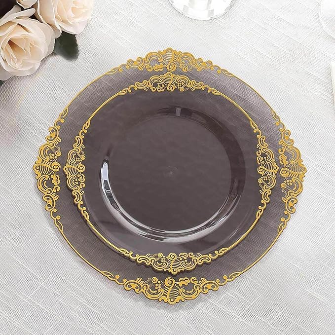 Efavormart 10 Pack | 8" Translucent Black and Gold Baroque Dessert Plates, Leaf Embossed Metallic Rim Heavy Duty Appetizer Plates for Edgy Social Events