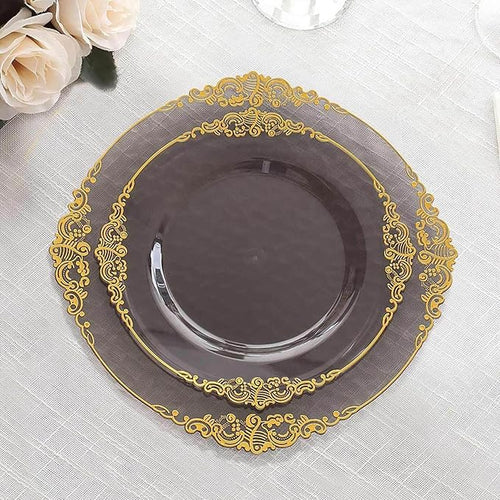 Efavormart 10 Pack | 8" Translucent Black and Gold Baroque Dessert Plates, Leaf Embossed Metallic Rim Heavy Duty Appetizer Plates for Edgy Social Events