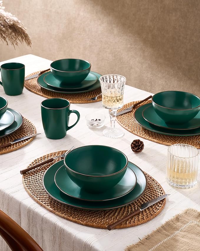 Famiware Venus 24-Piece Stoneware Dinnerware Sets with Mugs, Plates, Bowls, Service for 6, Matte Dark Green - Modern Ceramic Chip‑Resistant Dishes for Everyday & Formal, Microwave & Dishwasher Safe