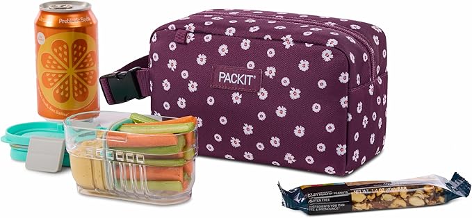 PackIt Freezable Small Insulated Snack Box, Ditsy Daisy Plum, with EcoFreeze Technology (Built-in Ice Pack), Mini Cooler or Small Lunch Bag, For Fresh Snacks On the Go, for Work, Gym, or Travel