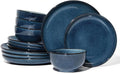 Pokini Stoneware Dinnerware Sets Service for 4, 12 pcs Reactive Glaze Plates and Bowls Sets, Handmade Ceramic Dish Set, Highly Chip and Crack Resistant Modern Plate Set, Starry Blue