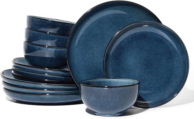 Pokini Stoneware Dinnerware Sets Service for 4, 12 pcs Reactive Glaze Plates and Bowls Sets, Handmade Ceramic Dish Set, Highly Chip and Crack Resistant Modern Plate Set, Starry Blue