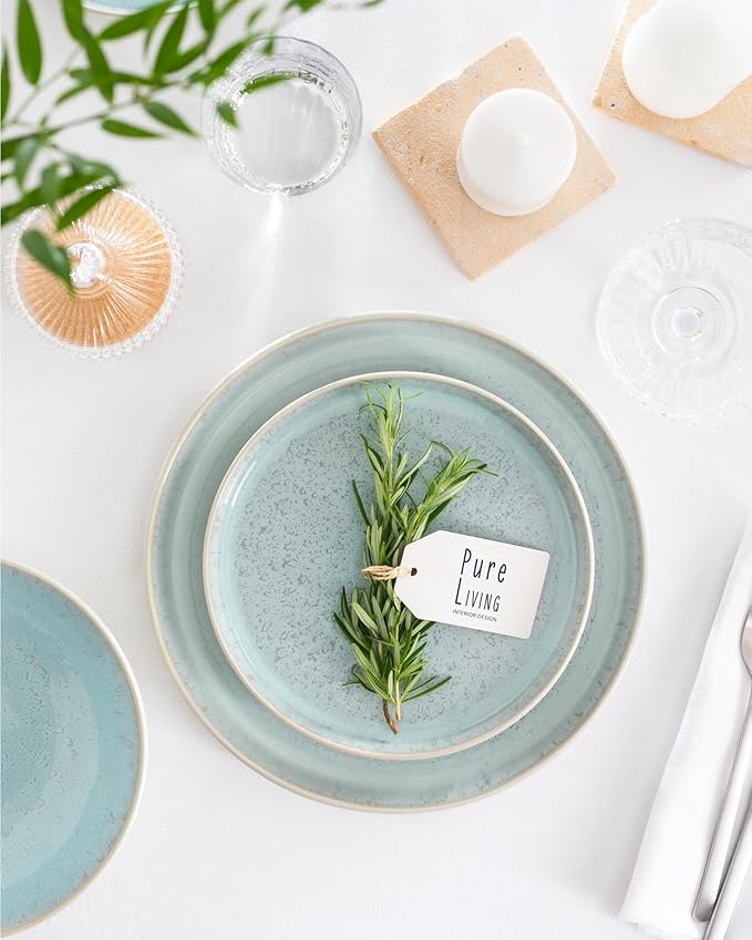Stoneware breakfast & dessert plates set 2 pcs – Light beige & blue stylish cake plates – Dishwasher, microwave and scratch resistant – Small salad plates – Dinner service