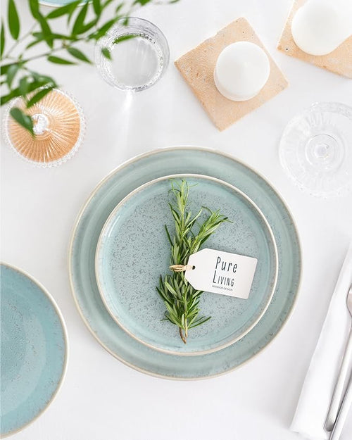 Stoneware breakfast & dessert plates set 2 pcs – Light beige & blue stylish cake plates – Dishwasher, microwave and scratch resistant – Small salad plates – Dinner service