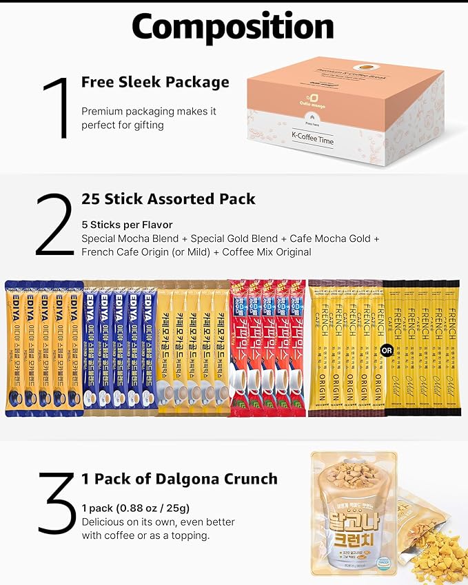 CUTIE MANGO Korea Mix Coffee 25 Sticks + Dalgona Crunch | Korean Favorite Instant Coffee Sampler Assortment Packet 5 Flavors (5 Sticks Each) | Chunk Sweet Dalgona Topping Home Camping Party Office