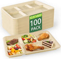 WELLIFE 100% Compostable 5 Compartment Paper Plates, 100 Pack Disposable School Lunch Trays Divided Plates for Adult Youth, 12.5 * 8.6 inch Heavy Duty Eco-Friendly Bagasse Plate for Buffet and Party