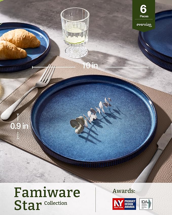famiware Star Dinner Plates for 6, 10 inches Plate Set, Scratch Resistant, Stoneware Dinnerware, Kitchen Modern Rustic Serving Dishes, Nebulas Blue (Pack of 2)