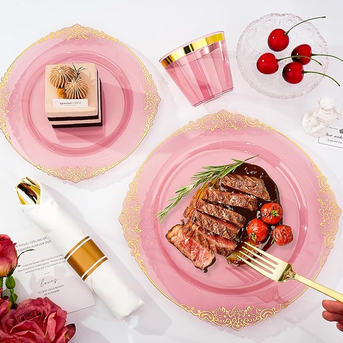 Bestluck 350 PCS Burgundy and Gold Plastic Plates, Disposable Dinnerware Set for 50 Guests, 100 Disposable Plates, 150 Silverwares, 50 Cups, 50 Napkins for Wedding, Party, Graduation