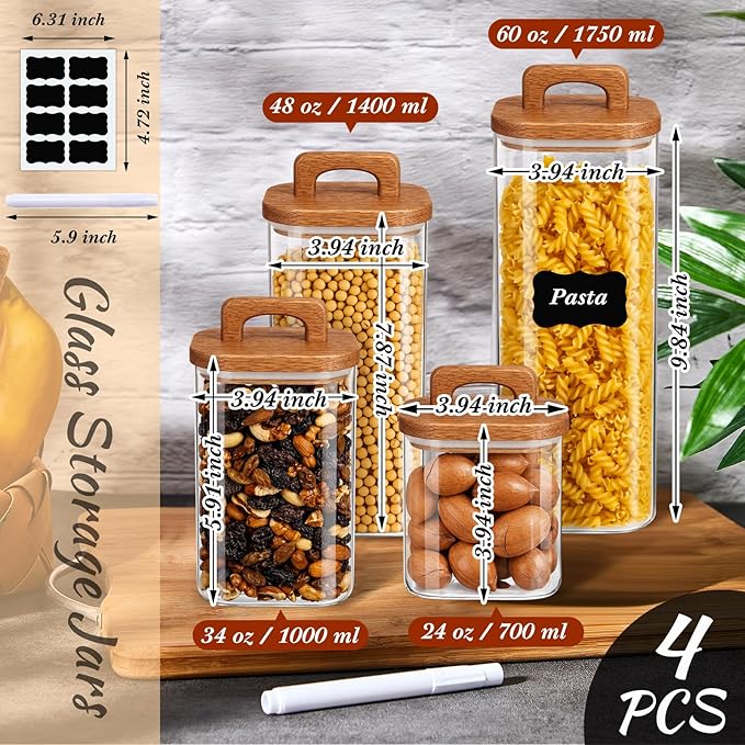 Layhit 4 Pcs Glass Food Storage Jars with Airtight Wood Lid Storage Jars Containers with Stickers Marker for Candy, Cookie, Rice, Sugar, Flour, Pasta, Nuts, 4 Size (Square)