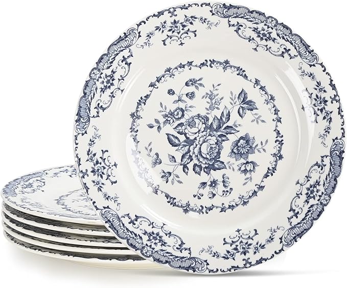 Dinner Plates, Ceramic Plates Set of 6, Kitchen Plates Microwave Safe, White Plate Dessert Blue Floral Plate Porcelain (Blue Rose, 10.5 inch)
