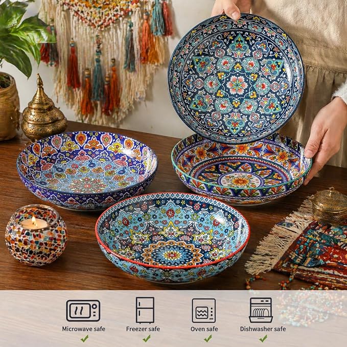 glowworm Pasta Bowls Set of 4, 42 oz Ceramic Salad Bowls for Kitchen, 9.7 Inch Colorful Serving Bowls for Soup, Dinner, Fruit, Dishwasher & Microwave Safe, Bohemian