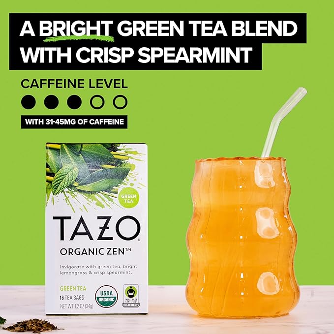 TAZO Organic Zen Green Tea Bags, Caffeine Free Tea with Refreshing Lemongrass & Spearmint, 96 Total Tea Bags (16ct - Pack of 12)