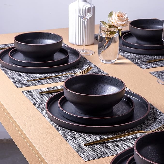 LERATIO Salad Plates,8.0 inch ceramic plates,Ceramic Salad Plates Set of 6,Modern Shape Dinnerware Dishes Set for Kitchen, Microwave & Dishwasher & Oven Safe,Matte Black with coffee rim