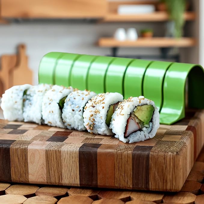 SushiQuik Sushi Making Kit with Rice Spreading Training Frame, Rice Paddle, Rolling Mat, Roll Cutter, Base, and Soy Sauce Caps - Sushi Kit for Beginners and Kids