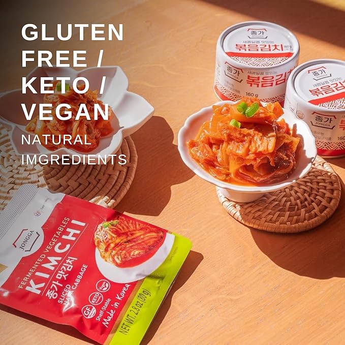 Spicy Premium Fermented Kimchi Napa Cabbage [ MINI Pouch Pack of 8] - [Extra Carrot (Mild)] – (Gluten Free / Vegan) | 0 Fat/ 0 Sugar/ 0 Cholesterol | Long Shelf Life | Perfect for Ramen & Stir-Fries - JONGGA