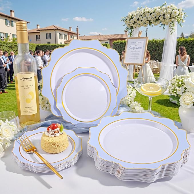 WDF 100PCS Blue Plastic Plates - Light Blue Plates Disposable - Heavy Duty Scalloped Plastic Plate for Parties/Wedding/Baby Shower (Pack of 2)