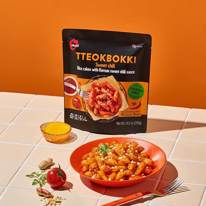 O’Food Tteokbokki Korean Rice Cakes – [Sweet Chili | Pack of 2] – Gluten-Free (Except BBQ), Healthy/ Savory/ Bold/ Fiery, 0 Cholesterol/ 0 Trans Fat/ No MSG/ No Corn Syrup, Spicy Street Snack, Ready in Minutes
