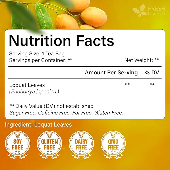 FreshDrinkUS, Premium 40 Tea Bags Loquat Leaf Tea | Eriobotrya japonica | Herbal Tea Bags | Naturally Dried Loquat Leaves | Caffeine-Free Botanical Tea. Sugar-Free. Caffeine-Free. Vegan