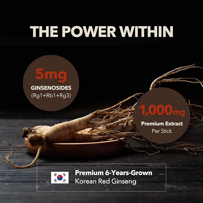 DailyUp Korean Red Ginseng Liquid Sticks — 1000mg, 6-Year Root, No Sugar Added, Caffeine Free, Vegan — Korean GMP Certified, 30 Single-Serve Sticks (1-Month Supply)
