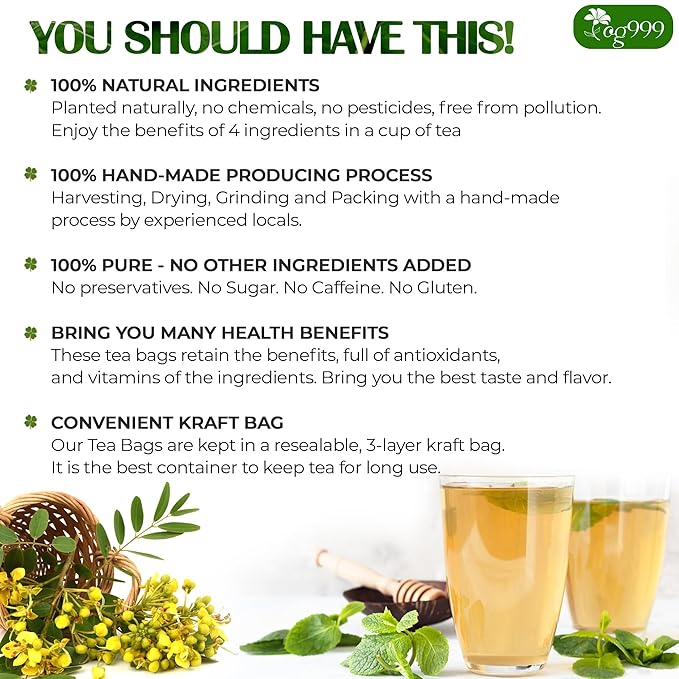 TOG999, 60 Tea Bags, Blend of Senna Leaves - Peppermint - Licorice - Fennel, 100% Natural Ingrendients, Hand-made Herbal Tea, Relieves Constipation Naturally Tea, No Sugar, No Caffeine, No Gluten, Vegan.