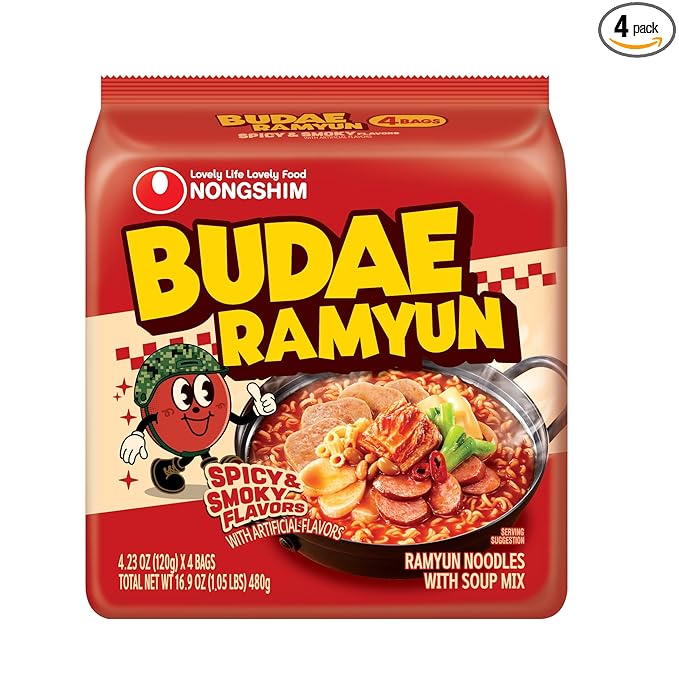 Nongshim Budae Ramyun, Korean Army Stew-Style Instant Noodles with Spicy Chilli Bean Broth, Chewy Noodles 4.23 Oz (Pack of 4)