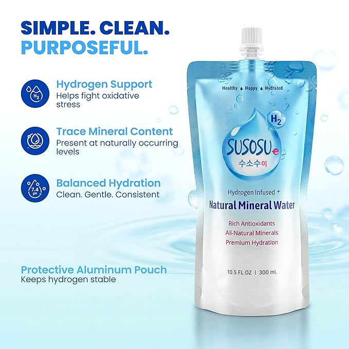 Susosu Water - Hydrogen Infused Natural Mineral Water from South Korea, Crisp Taste, Supports Daily Hydration, BPA Free Aluminum Pouch (10.5 fl oz, 20 Pack)