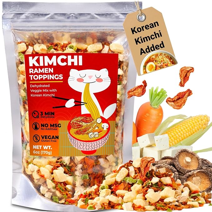 Dried Kimchi Ramen Toppings 6oz - 5 Ingredients Korean-Style Dehydrated Vegetable Mix, Vegan, No MSG, Preservative Free, Dried Vegetables for Instant Ramen Noodles, Soup (170g)