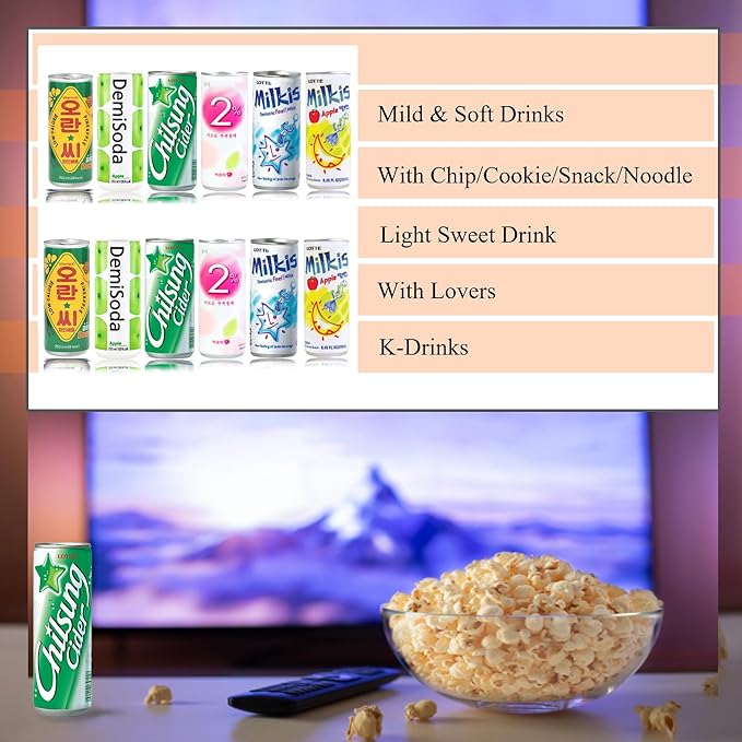 FRKR Korean 10 &12 Drinks Assortment Gift Box [Chilsung Cider/Mikis/Demisoda/Banana Milk/McCOL/MoguMogu/2%/SacSac/Etc.] Soft Drinks + Real Fruit Drinks + Energy Drinks (12, Movie Night)