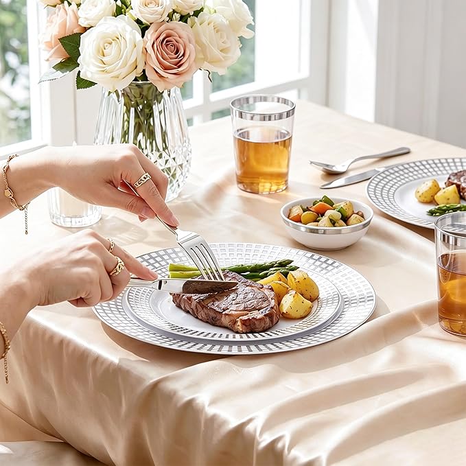 Fijinhom 100PCS Heavy Duty Silver Plastic Plates for 50 Guests, for Party, Wedding, Birthday, Dinnerware Set of 50PCS 10" Dinner Plates & 50PCS 7.5" (Silver)