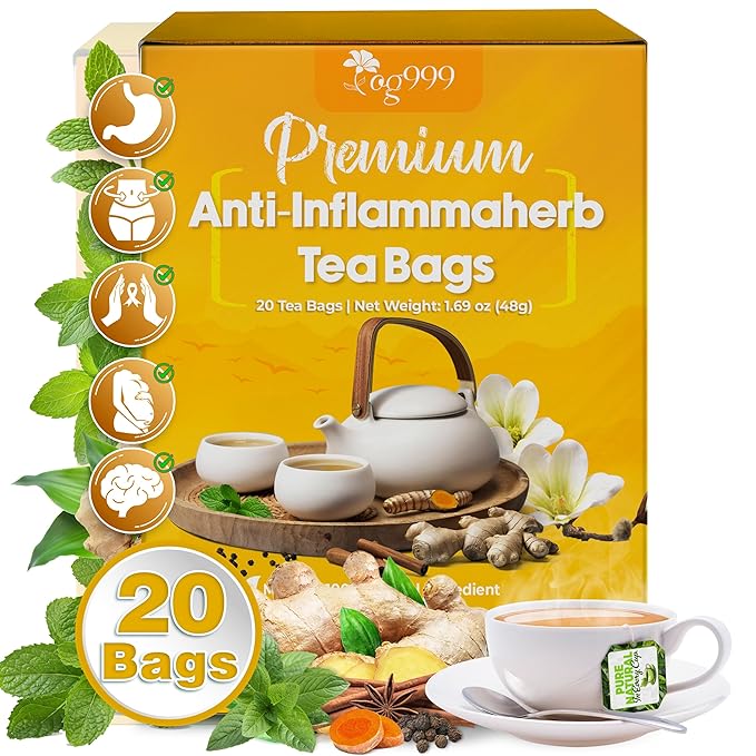 20 Tea Bags - Anti-Inflammaheb Loose Leaf Tea, 100% Natural from Ginger, Turmeric, Peppermint, Black Pepper, Cinnamon. No Sugar, No Caffeine, No Gluten, Vegan.