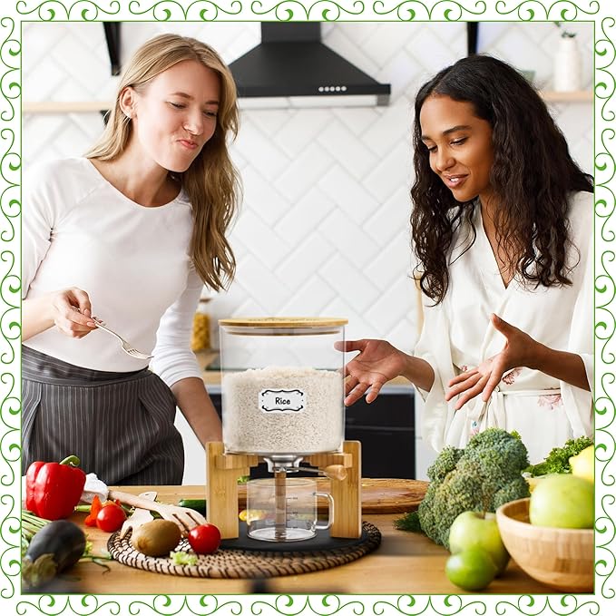 Glass Rice Dispenser 10 lbs, with Airtight Lid & Labels & Slider mat. Make your glass rice container Glass AND Bamboo rice container! Best 5L capacity grain dispenser and rice holder